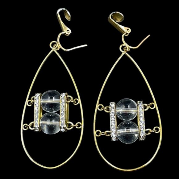 Vintage Clip On Earrings Clear Crystal Beads Gold Tone Statement Coquette Glam - Picture 7 of 8